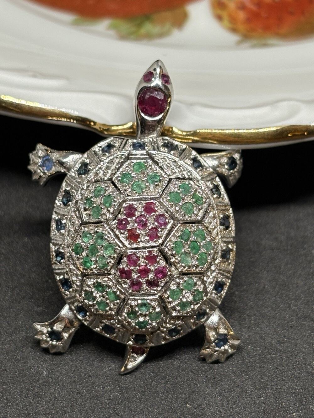 ND Signed 925 Sterling Silver Ruby Emerald Sapphire Turtle Pendant Brooch Pin